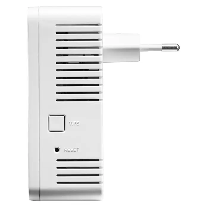 Devolo WLAN-Verstärker WiFi 5 Repeater 1200 - RJ45-Buchse - Ein weißer WLAN-Repeater mit Stecker, WPS-Taste und Reset-Knopf. Ideal zur Verstärkung Ihres drahtlosen Signals im ganzen Haus oder Büro.