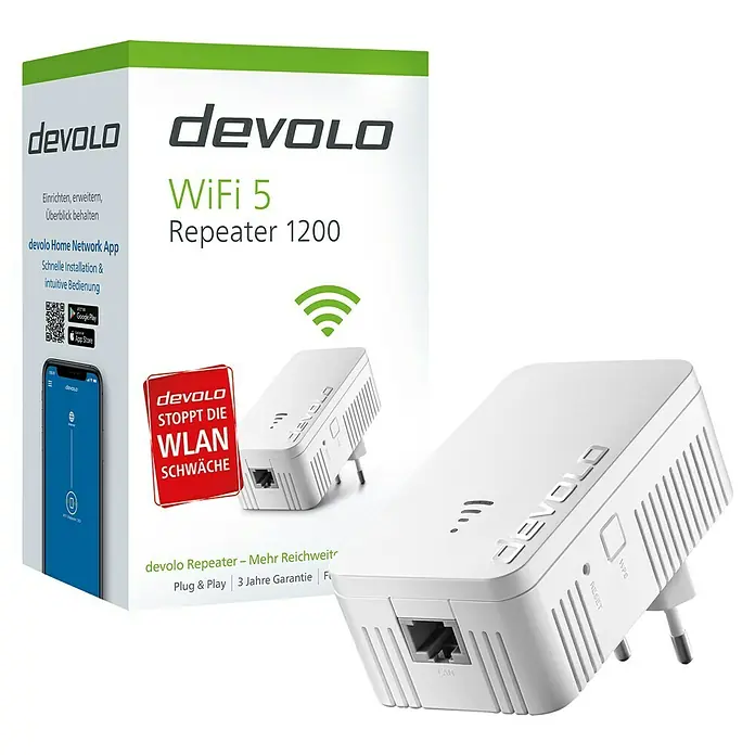 Devolo WLAN-Verstärker WiFi 5 Repeater 1200 - RJ45-Buchse - Produktfoto des Devolo WiFi 5 Repeater 1200, der eine einfache Installation und erweiterte Reichweite für Ihr WLAN-Netzwerk bietet.