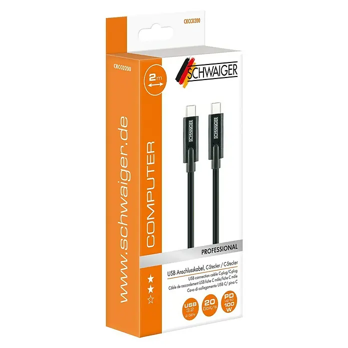 Schwaiger USB-Kabel 3.2 - 2 m, USB C-Stecker, Schwarz - Produktverpackung für ein USB-C-Kabel von SCHWAIGER mit 2 Metern Länge und Unterstützung für USB 3.2 Gen 2 und 100W Power Delivery.