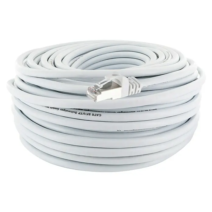 Schwaiger Netzwerk-Kabel - Länge: 30 m, Weiß, RJ45-Stecker, Bis zu 1 GBit/s - Aufgerolltes, weißes CAT6 SF/UTP-Netzwerkkabel mit RJ45-Stecker für schnelle und sichere Datenübertragung in Netzwerken.
