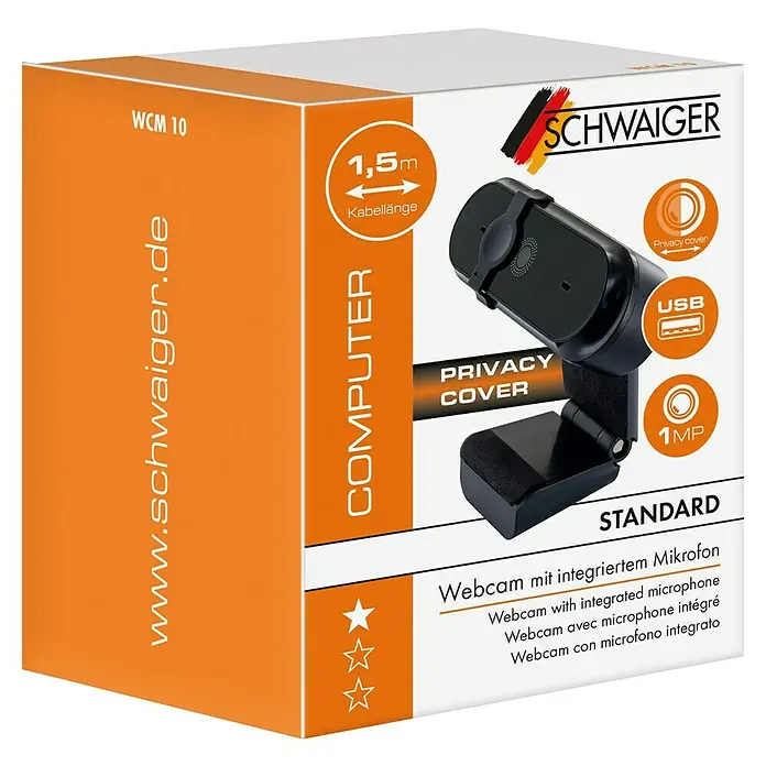 Schwaiger Kamera Webcam - 30 Bilder pro Sekunde, Schwarz - Verpackung der Schwaiger WCM 10 Webcam mit integriertem Mikrofon und 1,5 m Kabellänge, ideal für Computeranwendungen.