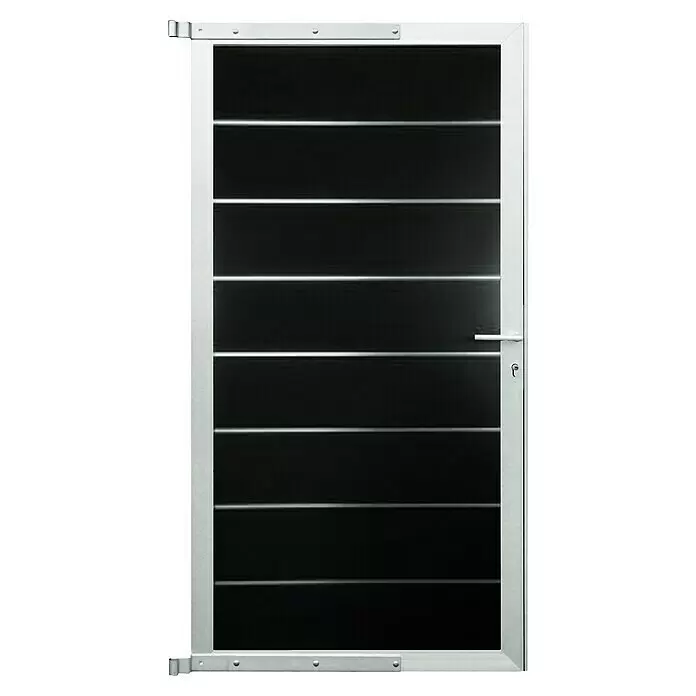 T & J Zauntor Gotland - 90 x 175 cm, Schiefergrau / Silber, Aluminium - Modernes silbergerahmtes Tor mit horizontalen schwarzen Paneelen, Griff und Schlüsselloch.