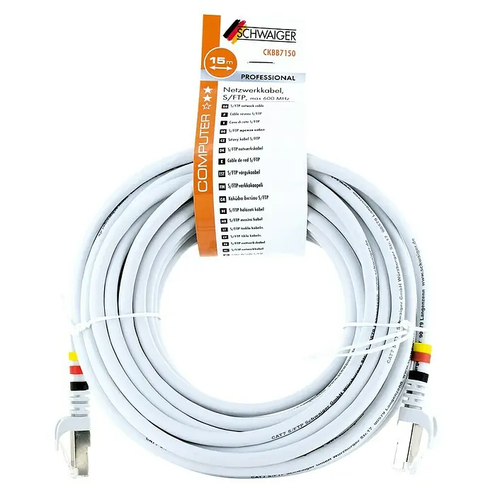 Schwaiger Netzwerk-Kabel CAT7 S/FTP - Länge: 15 m, Weiß, RJ45-Stecker - Bild eines weißen 15m langen S/FTP Netzwerkkabels von SCHWAIGER, das professionelle Leistung bis zu 600 MHz bietet.