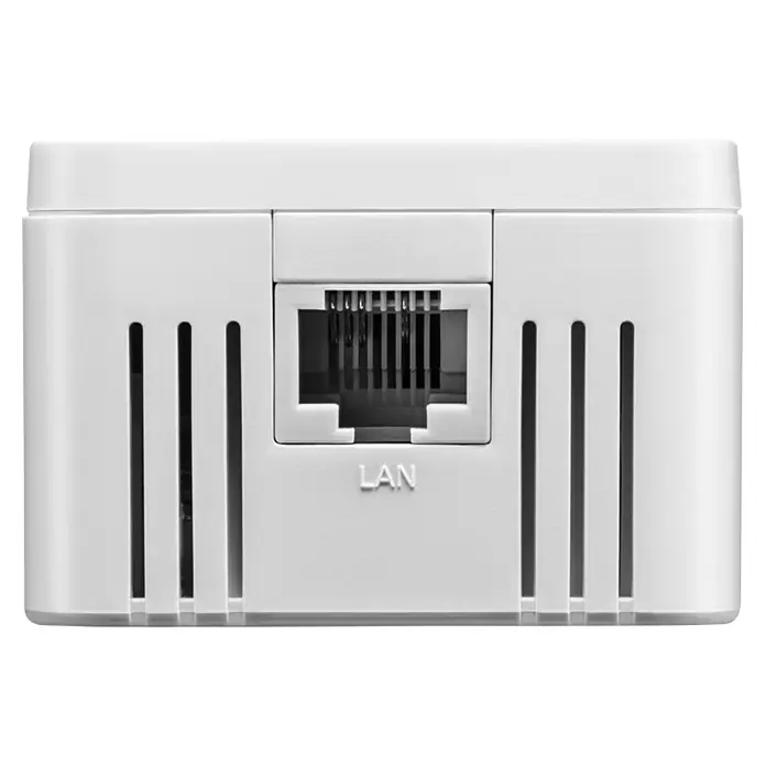 Devolo WLAN-Verstärker WiFi 5 Repeater 1200 - RJ45-Buchse - Nahaufnahme eines weißen WLAN-Routers mit LAN-Anschluss für kabelgebundene Netzwerkverbindungen und stabile Internetverbindung.