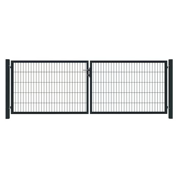 T & J Zauntor Basic - 3 x 1,4 m, Stahl, Anthrazit - Dunkelgraues Metall-Doppelflügel-Gittertor mit Pfosten und Riegel.