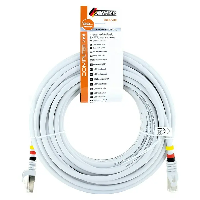 Schwaiger Netzwerk-Kabel CAT7 S/FTP - Länge: 20 m, Weiß, RJ45-Stecker - Abgebildet ist ein 20m langes, weißes Schwaiger Netzwerkkabel S/FTP CAT7, ideal für schnelle und zuverlässige Datenübertragung.