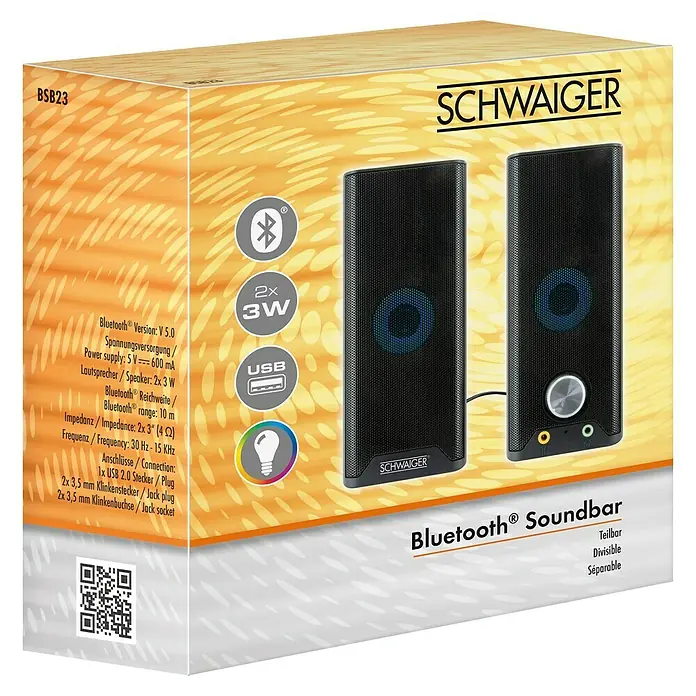 Schwaiger Soundbar teilbar - Bluetooth, 6 W, Schwarz - Nahaufnahme der Verpackung eines SCHWAIGER Bluetooth-Soundbars mit technischen Details und Produktmerkmalen.