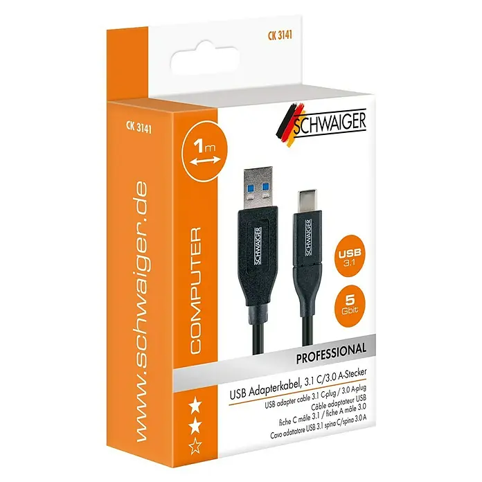 Schwaiger USB-Adapterkabel USB 3.1 C Stecker auf USB 3.0 A Stecker - Schwarz, 1 m - Verpackung eines schwarzen USB Adapterkabels 3.1 C/3.0 A-Stecker von SCHWAIGER mit einer Länge von 1 Meter und einer Datenübertragung von 5 Gbit.