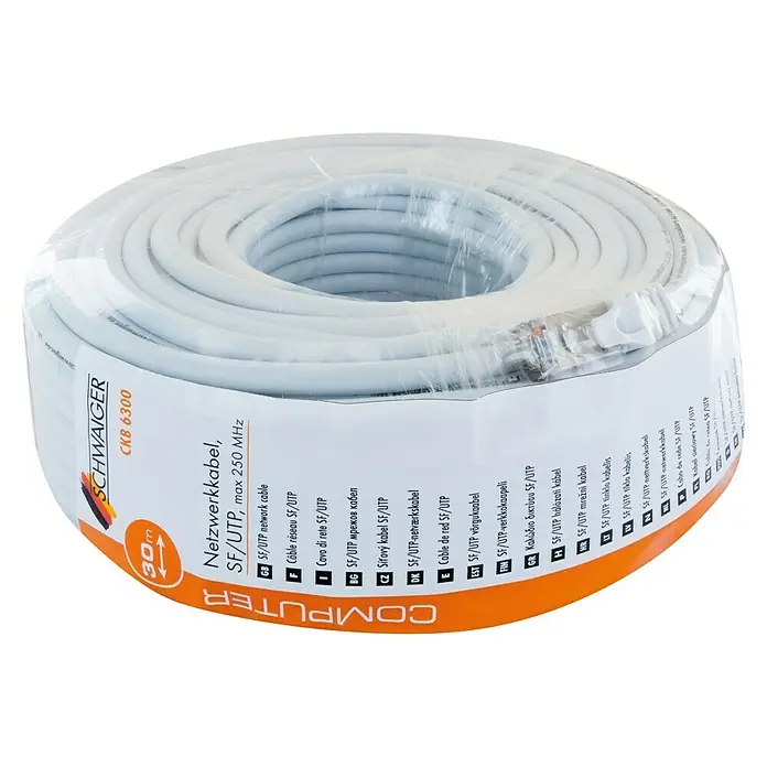 Schwaiger Netzwerk-Kabel - Länge: 30 m, Weiß, RJ45-Stecker, Bis zu 1 GBit/s - Abgebildetes Produkt: Eine 30 Meter Rolle SF/UTP Netzwerkkabel von Schwai­ger, ideal für Computer­verbindungen.