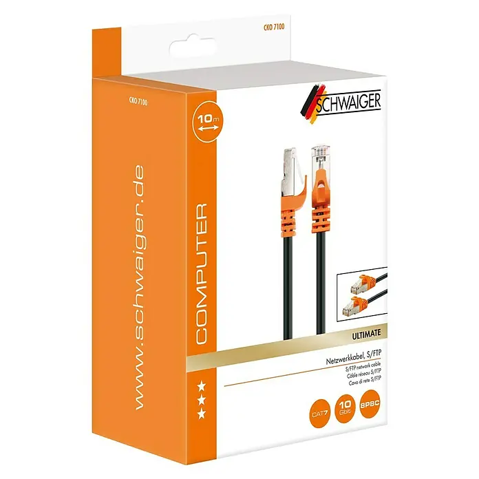 Schwaiger Netzwerk-Kabel CAT7 S/FTP - Länge: 10 m, Orange/Schwarz, RJ45-Stecker - Abbildung einer orangefarbenen Verpackung für ein 10m langes Schwaiger-Netzwerkkabel S/FTP CAT7 mit orangefarbenen Steckern.