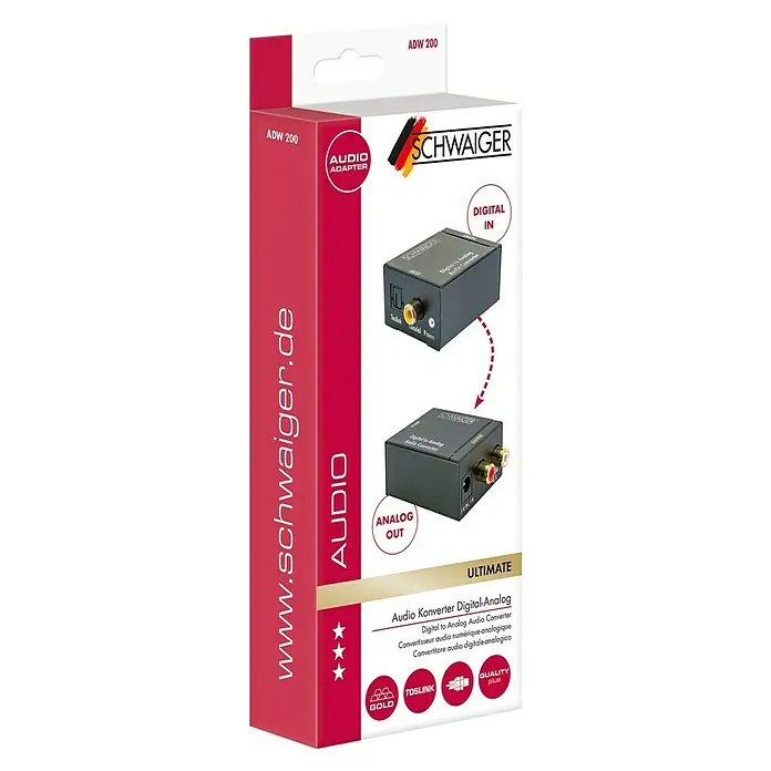 Schwaiger Audio-Adapter Digital zu Analog - Koax-Buchse - Abbildung der Verpackung eines "Schwaiger ADW 200" Digital zu Analog Audio Konverters.