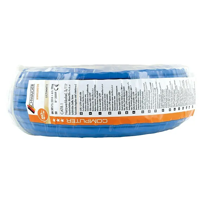 Schwaiger Netzwerkleitung CAT 8.1 S/FTP - Länge: 50 m, Blau, Bis zu 40 Gbit/s - Blaues CAT8.1 S/FTP Netzwerkkabel von Schwaiger, 50 Meter Länge, für schnelle und zuverlässige Netzwerkverbindungen im Heimbereich oder Büro.