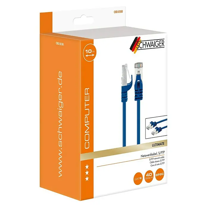 Schwaiger Netzwerk-Kabel CAT8 S/FTP - Länge: 10 m, Blau, RJ45-Stecker - Abbildung einer Verpackung für ein blaues 10m langes S/FTP Netzwerkkabel CAT8 von Schwaiger, für Computer.