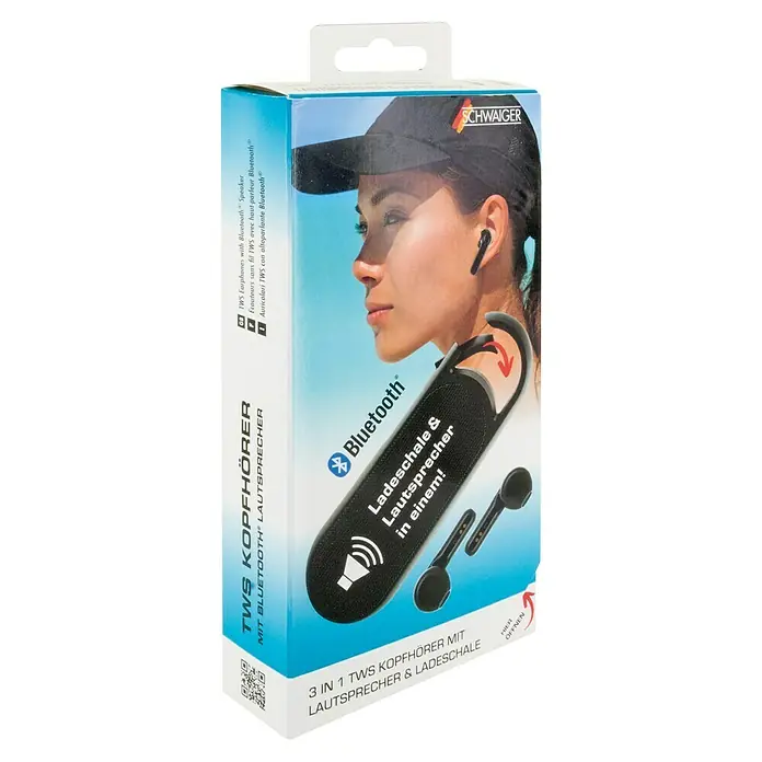 Schwaiger Kopfhörer - Schwarz - Verpackung der schwarzen 3-in-1 TWS Kopfhörer mit Bluetooth Lautsprecher und Ladeschale der Marke Schwaiger.