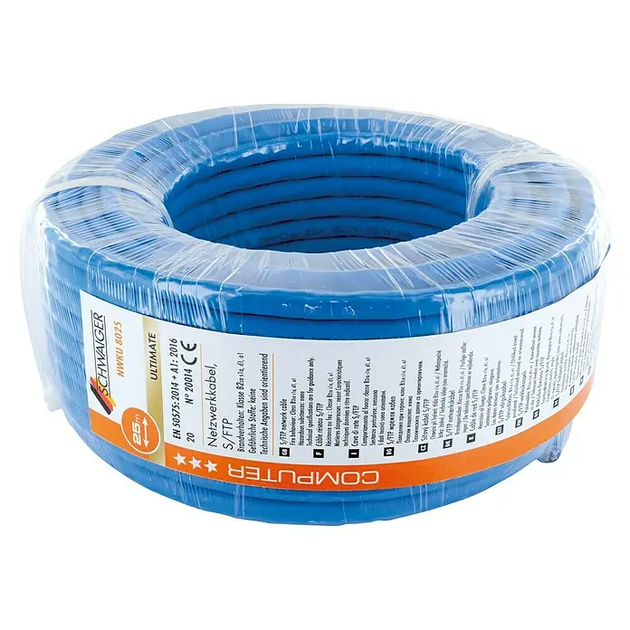 Schwaiger Netzwerkleitung CAT 8.1 S/FTP - Länge: 25 m, Blau, Bis zu 40 Gbit/s - Blue S/FTP network cable roll by SCHWAIGER, ideal for computer networking in homes or offices, 25m long.