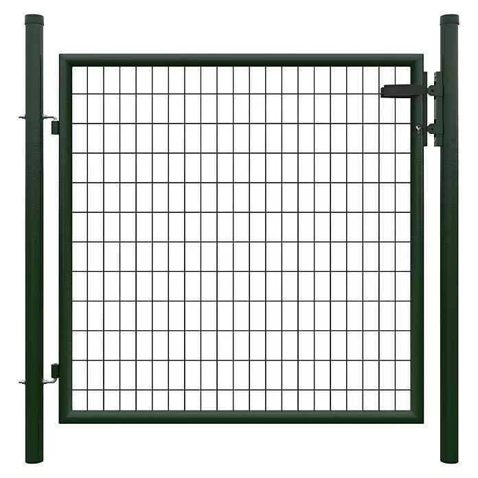 T & J Zauntor Strong - 1,25 x 1,2 m, Stahl, Anthrazit - Dunkelgrünes Metall-Drahtgittertor mit Pfosten und einem Verriegelungsverschluss.