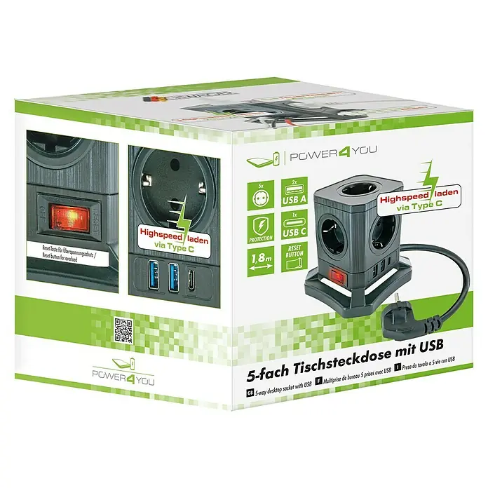Schwaiger Tischsteckdose mit 3x USB & 5x Schuko - Schwarz, Kabellänge: 1,8 m - Produktverpackung für eine 5-fach Tischsteckdose mit USB-Anschlüssen, inklusive Highspeed-Ladefunktion über USB-C und Überspannungsschutz.
