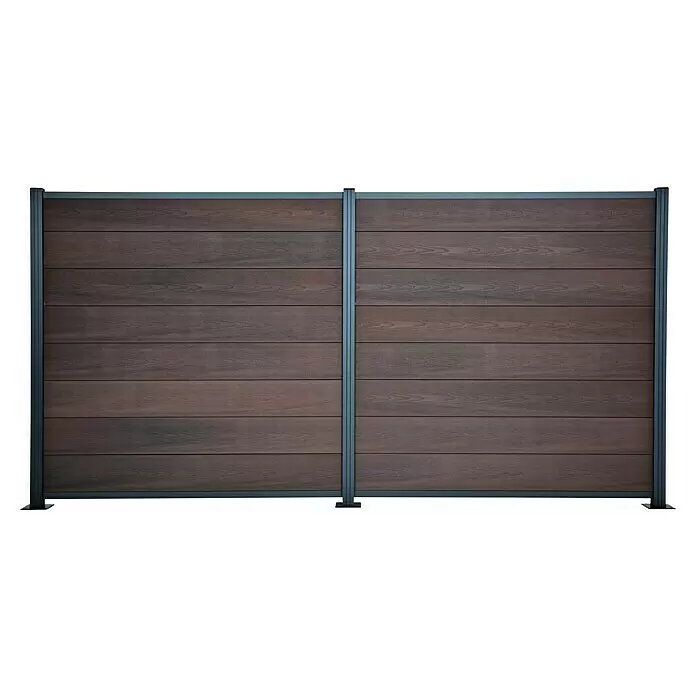 T & J Sichtschutzelement Lamelle Öland - 179 x 21 cm, Ipé - Modulares Sichtschutzpaneel in Dunkelbraun Holzoptik mit grauen Metallpfosten.
