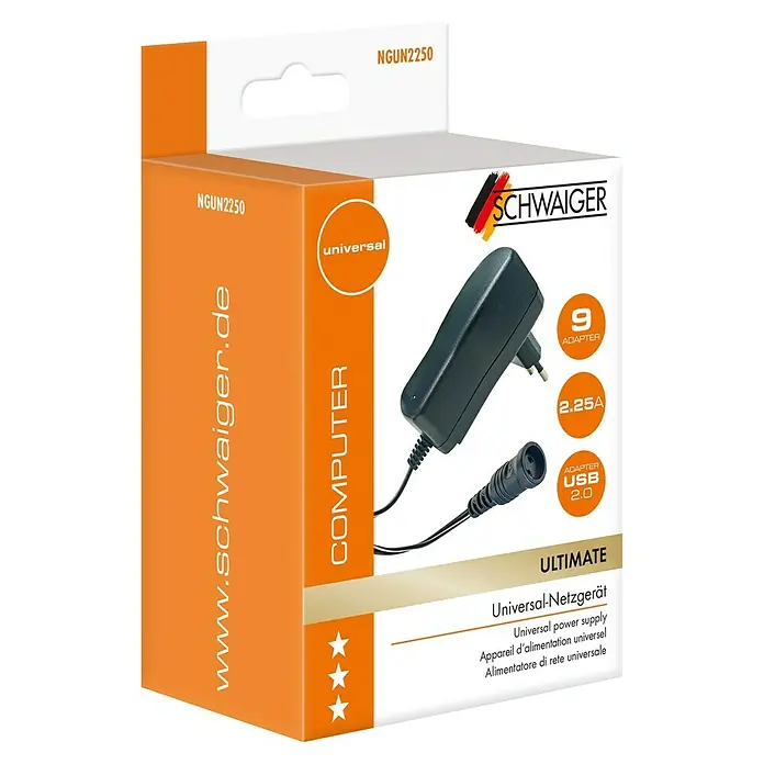 Universal-Netzteil - Schwarz - Produktverpackung für ein Universal-Netzgerät der Marke SCHWAIGER, Modell NGUN2250, mit verschiedenen Adapteroptionen.