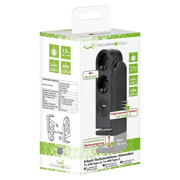 Schwaiger Schreibtischsteckdosenleiste klemmbar, mit USB-A & USB-C - Grau/Schwarz, Kabellänge: 1,4 m - Produktverpackung für eine 2-fach Tischsteckdose mit USB-Anschlüssen, klemmbar, für den Schreibtischgebrauch.