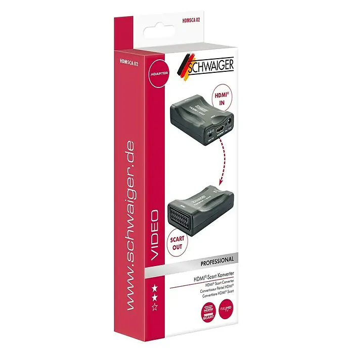 Schwaiger HDMI-Adapter Scart-Konverter - Schwarz, 1 x HDMI-Buchse - Abbildung einer Verpackung für einen HDMI-Scart-Konverter von Schwaiger, der eine Verbindung von HDMI- zu Scart-Geräten ermöglicht.