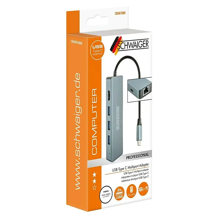 Schwaiger USB-Adapter USB Type C Multiport 6in1 - Grau, USB C-Stecker - Produktverpackung für einen USB-Typ-C-Multiport-Adapter von Schwaiger, der Konnektivität für Computer erweitert.