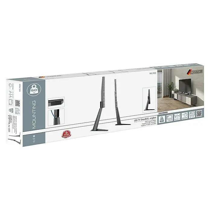 TV-Ständer - Passend für: Bildschirmdiagonale 32 - 70″, Belastbarkeit: 50 kg - Produktverpackung der TV-Halterung von SCHWAIGER, Modell TVS 7050, geeignet für LED-TVs von 32 bis 70 Zoll mit bis zu 50 kg.