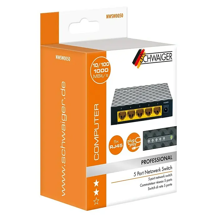 Schwaiger Netzwerkadapter 5-Port Netzwerk Switch - RJ45-Buchse - Abbildung der Verpackung eines 5-Port-Netzwerk-Switches von Schwaiger mit Informationen zu Funktionen und Spezifikationen.