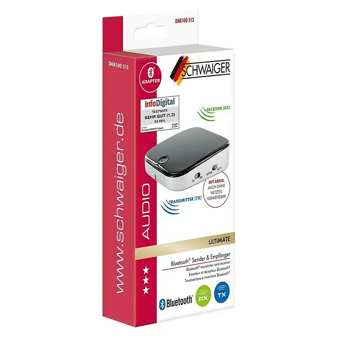 Schwaiger Bluetooth-Empfangseinheit & Sender - L x B x H: 60 x 60 x 19 mm - Produktverpackung des Bluetooth-Senders & Empfängers von Schwaiger mit der Bezeichnung Ultimate.