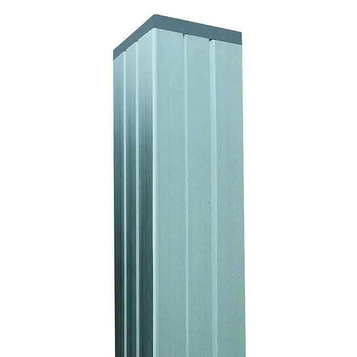 T & J Zaunpfosten - Höhe: 240 cm, Aluminium, Silber - Nahaufnahme einer grauen, geriffelten Säule mit einer quadratischen Kappe. Ideal für Architektur- oder Bauprojekte.