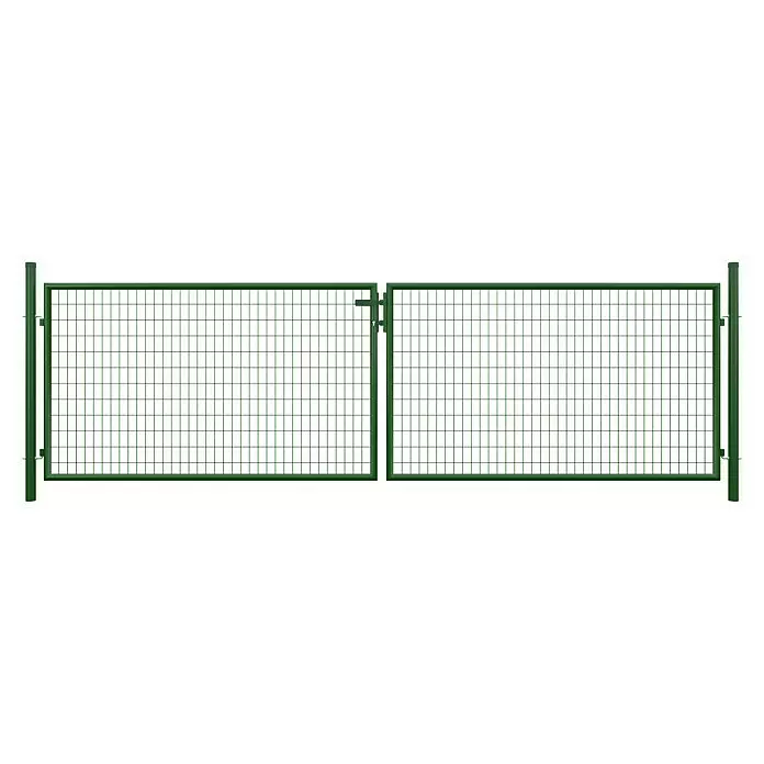 T & J Zauntor Strong - 4 x 1,2 m, Stahl, Grün - Grünes Metallzauntor mit Gitterfüllung und Verriegelungsmechanismus.