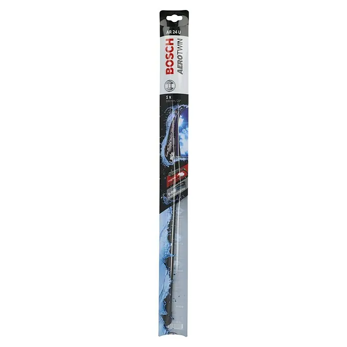 Bosch Scheibenwischer AEROTWIN - AR24U, Anzahl: 1 Stk. - Ein Bosch Aerotwin AR 24 U Scheibenwischer im Detail, verpackt und bereit für den Einbau, um klare Sicht bei jedem Wetter zu garantieren.