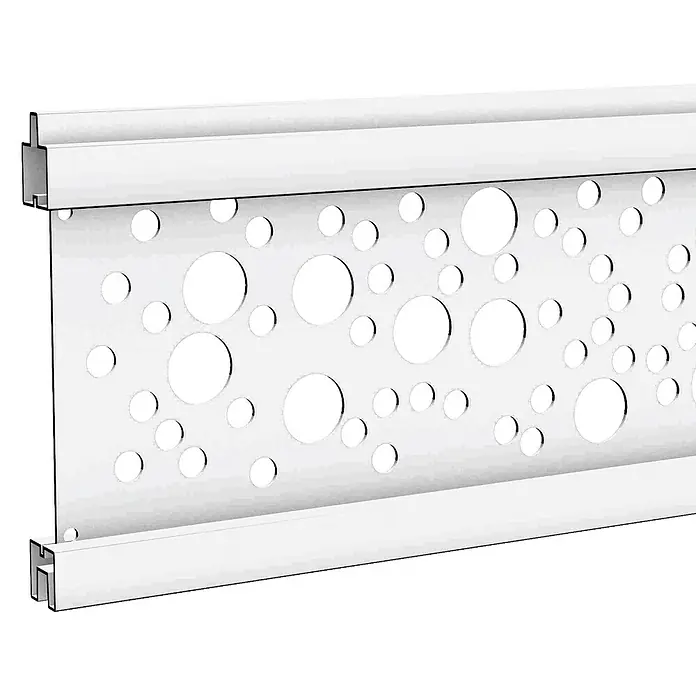 T & J Zaunelement Ecosteck - 1.800 x 20 x 140 mm, Aluminium, Kreise, Silber - Diese Aufnahme zeigt ein weißes Putzprofil mit Löchern. Das Profil ist für den Innenbereich geeignet und sorgt für eine saubere Kante.