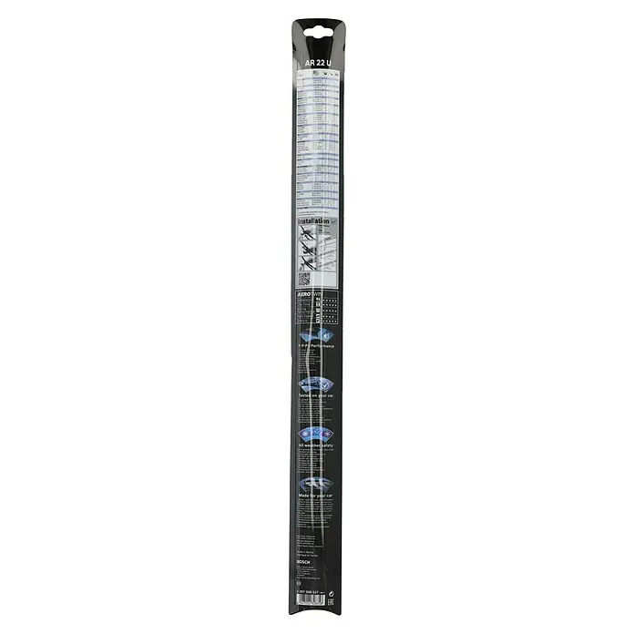 Bosch Scheibenwischer AEROTWIN - AR22U, Anzahl: 1 Stk. - Abbildung einer Bosch Aerotwin AR 22 U Scheibenwischerverpackung, die die Hauptmerkmale und Fahrzeugkompatibilität hervorhebt.