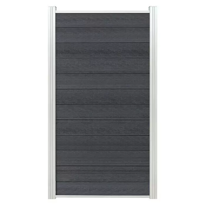 T & J Steckzaun Start & Abschluss Set Eco - 90 x 180 cm, Silber - Dunkelgraue WPC-Zaunplatte mit weißen Aluminiumpfosten.
