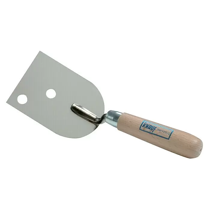 Knauf Gipserspachtel Cleaneo - Edelstahl - Metallene Glättekelle mit abgerundeter Klinge, zwei Löchern, Holzgriff und Knauf-Logo.
