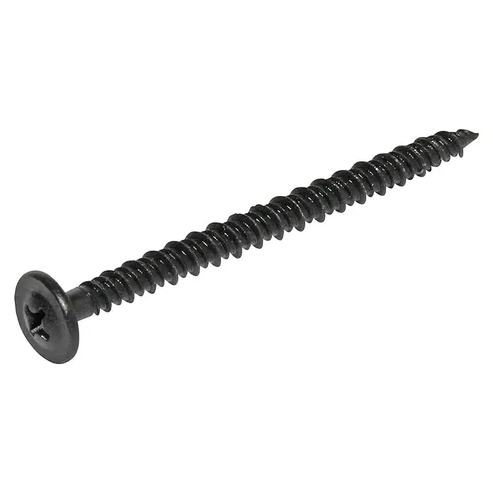 Knauf Universalschraube FN - Durchmesser: 4,3 mm, Länge: 65 mm, 250 Stk. - Nahaufnahme einer schwarzen Trockenbauschraube mit Kreuzschlitzkopf und scharfen Gewindegängen auf schwarzem Hintergrund.
