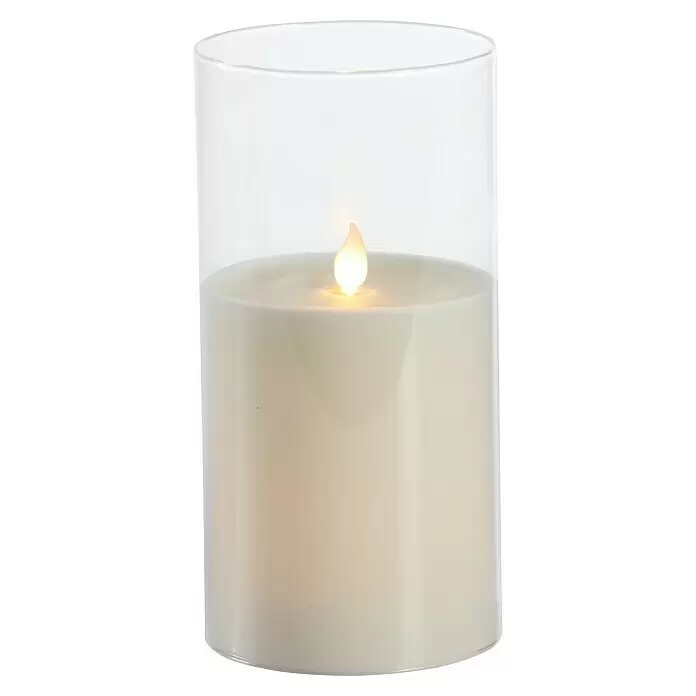 Flower Power LED-Kerze im Glas - Weiß, Höhe: 20 cm, Wachs - Eine cremefarbene LED-Kerze mit flackernder Flamme in einem klaren Glasgefäß.