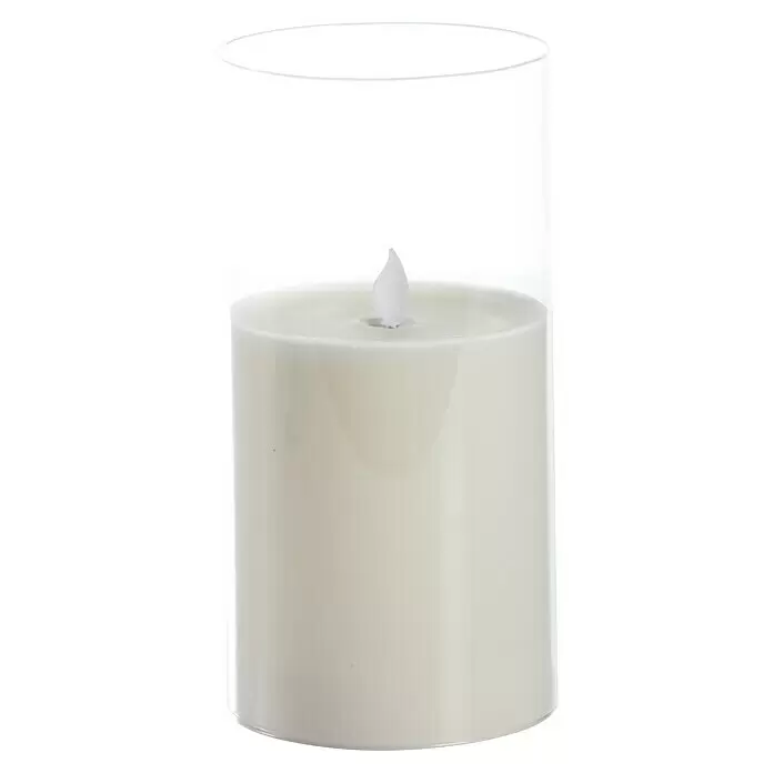 Flower Power LED-Kerze im Glas - Weiß, Höhe: 20 cm, Wachs - Weiße LED-Kerze in einem Klarglashalter mit realistisch flackernder Flamme.