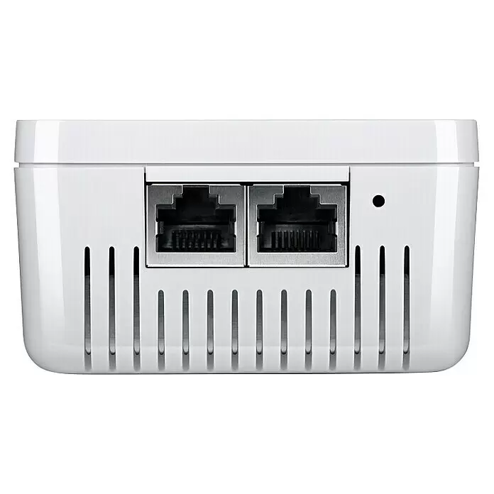 Devolo Erweiterungsadapter Magic 2 WiFi next - 1 Stk., Passend für: devolo Magic-Reihe - Weißes Netzwerkgerät mit zwei Ethernet-Anschlüssen und Lüftungsschlitzen auf der Rückseite.