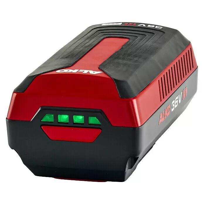 AL-KO 36V Akku B 100 Li - 36 V, 2,5 Ah, Li-Ionen - Rot-schwarzer AL-KO 36V III Akku mit grünen LED-Ladeanzeigen.