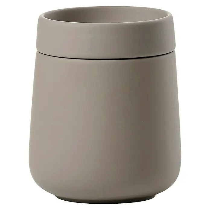 Zone Denmark Nova One Kosmetikdose - Steingut, Taupe - Nahaufnahme eines zylinderförmigen, grauen Keramikbehälters mit breitem Rand und glatter Oberfläche, ideal für Badaccessoires.