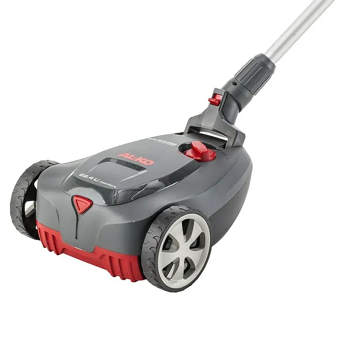 AL-KO Bosch Home & Garden Compatible Akku-Rasenmäher 22.4 LI Comfort - 18 V, 1 Akku, 2,5 Ah - Nahaufnahme eines AL-KO 38.2 Li Comfort Rasenmähers mit Akkubetrieb, der für komfortables Rasenmähen im Garten sorgt.