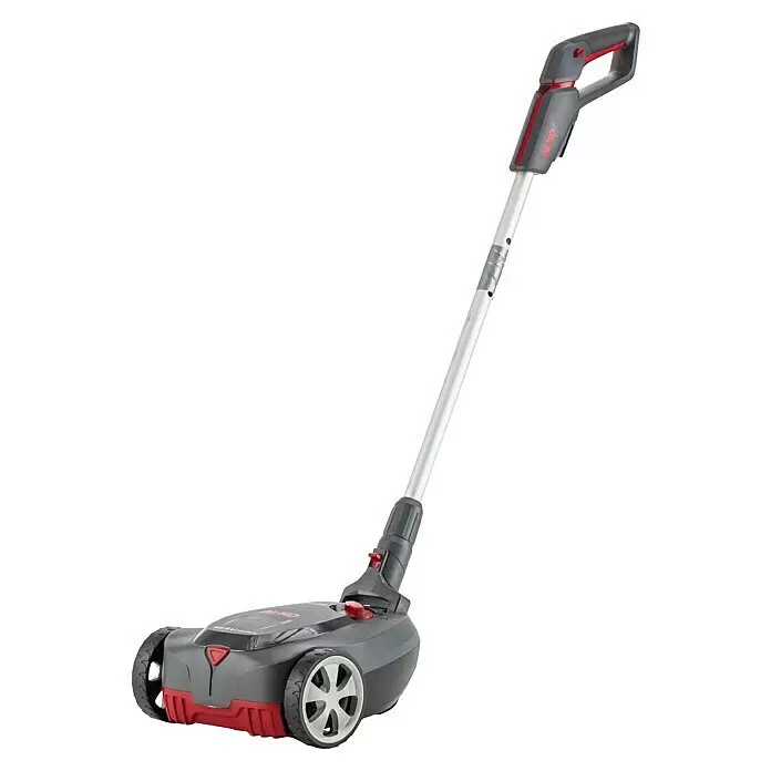 AL-KO Bosch Home & Garden Compatible Akku-Rasenmäher 22.4 LI Comfort - 18 V, 1 Akku, 2,5 Ah - Kompakter dunkelgrauer und roter Elektromäher mit langem silbernem Griff und weißen Rädern.