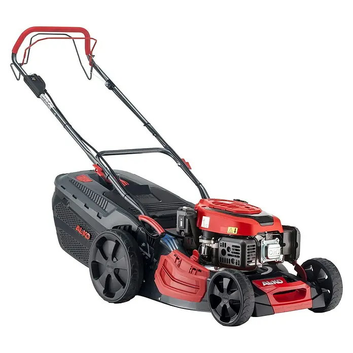 AL-KO Comfort Benzin-Rasenmäher 46.4 SPED-A E-Start - 2,6 kW, Schnittbreite: 46 cm - Abbildung eines AL-KO Benzin-Rasenmähers mit rotem Motorgehäuse und schwarzem Gehäuse, der für effizientes Rasenmähen konzipiert ist.