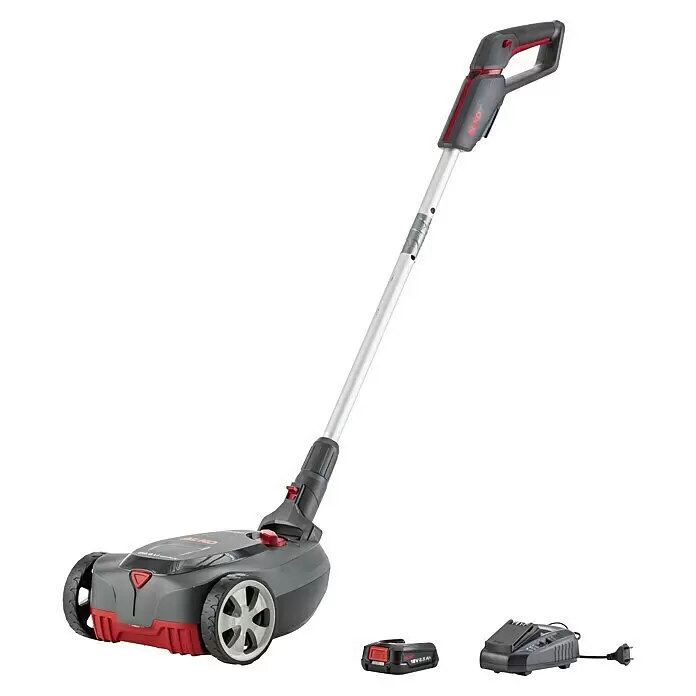 AL-KO Bosch Home & Garden Compatible Akku-Rasenmäher 22.4 LI Comfort - 18 V, 1 Akku, 2,5 Ah - Kabelloser grauer und roter Rasentrimmer mit langem silbernem Griff, Akku und Ladegerät.