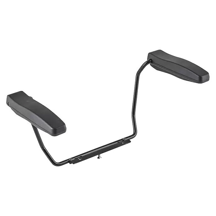 AL-KO Armlehne für Rasenmäher - Al-Ko Rasentraktoren Comfort und Solo by Al-Ko Traktoren Comfort pro - Paar schwarze Armlehnen aus Kunststoff, verbunden durch einen schwarzen Metallrahmen für einen Stuhl.