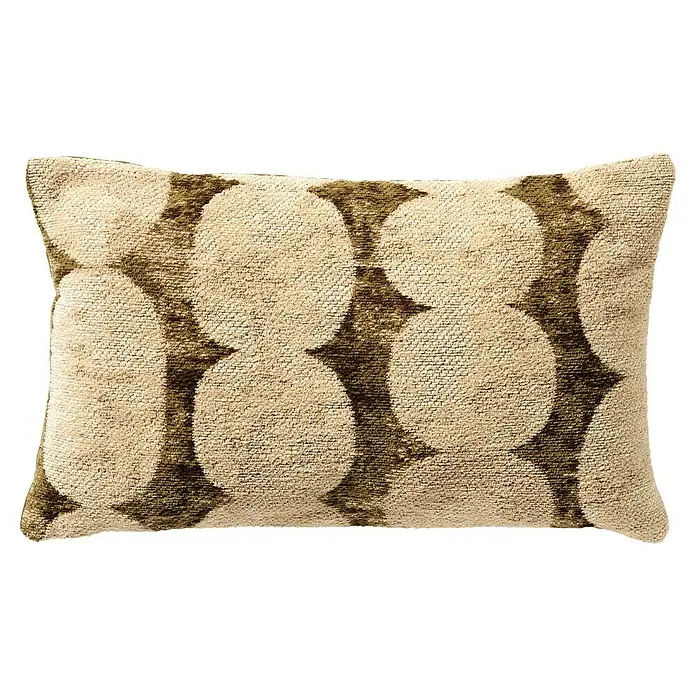 Kissen Rene - Olive, 50 x 30 cm, 100 % Baumwolle - Dekokissen mit kreisförmigem Muster in Beige und Braun. Ein stilvolles Accessoire für jedes Zuhause, das Gemütlichkeit und Wärme ausstrahlt.