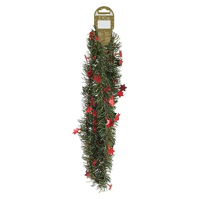 Christbaumschmuck - Eckig, Länge: 2,7 m - Grüne Weihnachtsbaumgirlande mit roten Glitzersternen, 2,70 Meter lang.