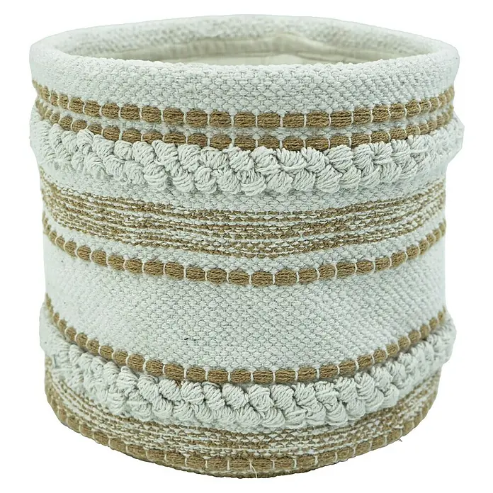 Korb Boho - Beige, Ø x H: 20 x 20 cm - Dekorative runde Pflanzgefäß mit weißer Stofftextur und braunen Zierdetails, ideal für Innenräume.